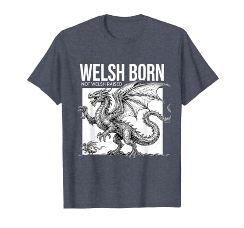 Welsh Born, Not Welsh Raised Line Art Welsh Dragon National T-Shirt, Men, Heather Blue, Large