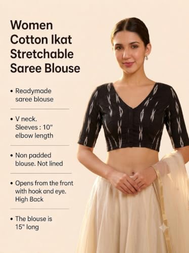 Image of Studio Shringaar Women Cotton Ikat Stretchable (Smocked) Readymade Elbow Length Sleeve Saree Blouse