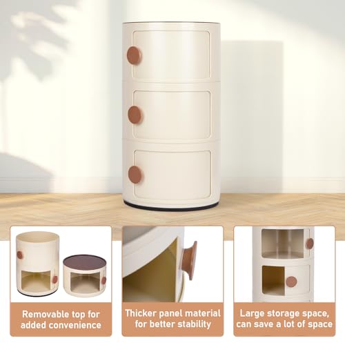 mopam Round Bedside Cabinet Round Nightstand Nordic Bedside Nightstand Bedside Table with Sliding Doors Round Storage Cabinet Round Chest of 3 Drawers for Bedroom, Living Room