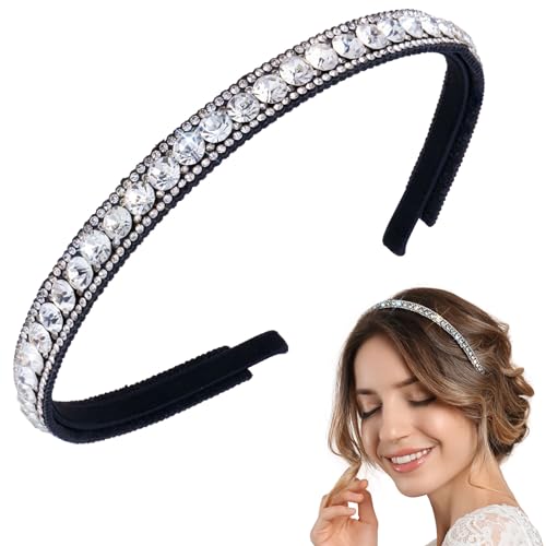 HINZIC Non-Slip Rhinestone Headbands for Women, Sparkling Crystal Hair Bands for Bridal Wedding, Bling Diamond Hair Styling Clips Accessories for Girls- White
