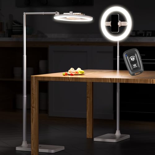 Image of 10 inch Selfie Ring Light with Floor Stand, Overhead Phone Mount with Dimmable LED Light, Tall Adjustable Tripod with Phone Holder and Bluetooth for Recording, Streaming, TikTok & YouTube