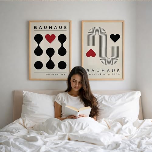Image of Suneree Bauhaus Wall Art Set of 2 Framed Paintings | Geometric Abstract Modern Art Poster Black Red | Living Room Office Contemporary Home Decor (Art 3, 10x13 Inches)