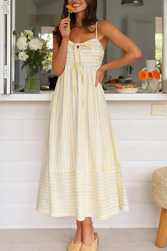 Image of Fashionme Womens Summer Maxi Dresses 2026 Trendy Striped Vacation Boho Beach Spaghetti Strap Sundress Back Tie with Pockets