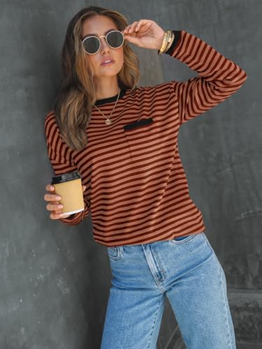 Image of LILLUSORY Womens Striped Soft Knit Pullover Sweater Loose Fit Shirts with Chest Pocket