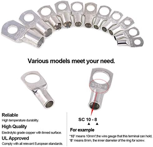 Glarks 105Pcs 12 Type Heavy Duty Lugs Battery Cable Tinned Copper Eyelets Tubular SC Ring Terminals Connectors with Spy Hole Assortment Kit