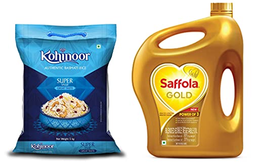 Image of Kohinoor Super Value Authentic Basmati Rice, 5 Kg Pack and Saffola Gold Edible Oil 5 Ltr