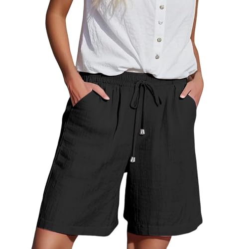 Image of Bermuda Shorts for Women Cotton Linen Shorts for Women UK Summer Knee Length Beach Bermuda Ladies Loose Casual Drawstring Capri Pants Comfy Lounge Cropped Trousers with Pockets Summer UK Black L