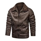 MTENG Leather Jacket Men Winter Fuzzy Turn-down Collar Full Zip Sherpa Lined Fleece Bomber Moto...