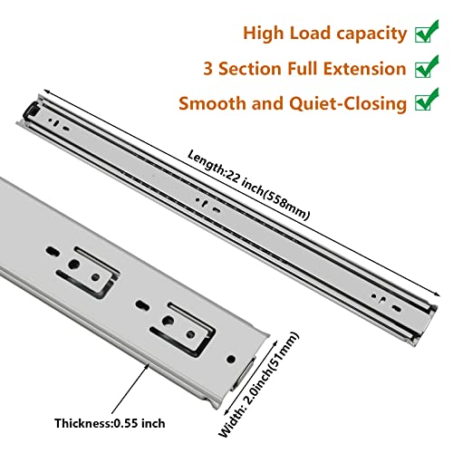 22 Inch 1 Pair Heavy Duty Drawer Slides Without Lock Full Extension Ball Bearing Industrial Drawer Slides 3 Section Drawer Tracks And Runners 150 Lb Load Capacity Side Mount #TOP1
