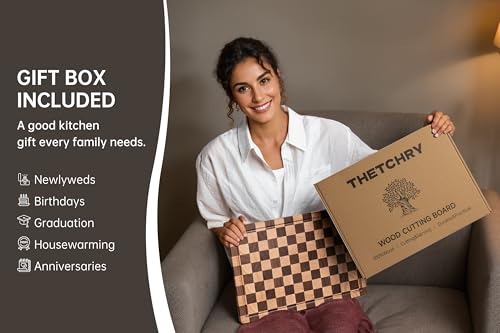 Image of THETCHRY Cutting Boards for Kitchen, Extra Large Chopping Board for Stovetop, Checkered Acacia Wood Cutting Board with Juice Grooves, Butcher Block with Gift Box, 20 inch x 15 inch x 1 inch