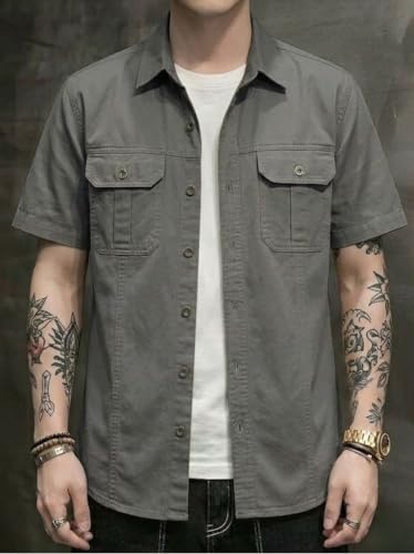 Image of SMOWKLY Men's Casual Solid Printed Cotton Regular Fit Shirt || Half Sleeve, Button Down, Double Front Pocket || Denim Jacket Style Fashionable Western Outfit