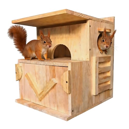 Handmade Extra-Large Squirrel House with Porch – Natural Solid Wood Nest Box for Tree, Fence or Backyard – Easy to Clean & DIY Seal Ready – Mounting Kit for Squirrels, Chipmunks