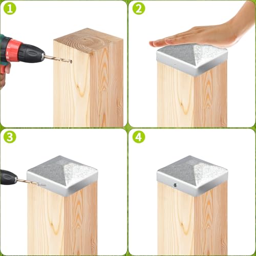 Sturiz 6 Stück Pfostenkappe 7x7cm Pfostenkappen Zaunpfosten Kappen Holzpfosten Bodenhülsen Zaun Abdeckkappen für Pfosten Pfostenabdeckung Metall Zaunkappen Quadratisch Zaunpfahlkappe mit Schrauben