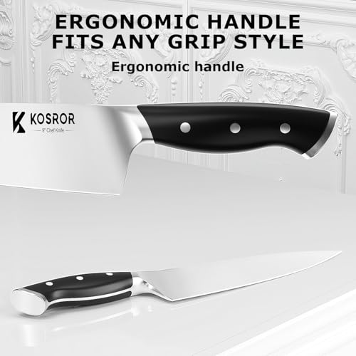 KOSROR Kitchen Knife Set with Block: 15-Piece German Stainless Steel with Dual Sharpener for Beginners - Covers 95% Kitchen Tasks - Black Full-Tang Ergonomic Handle, Dishwasher Safe, Easy to Use — view 4