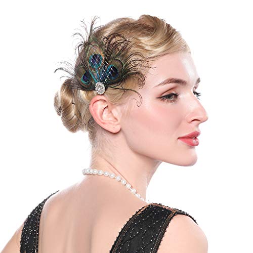Aimimier 1920S Flapper Peacock Feather Hair Clip Crystal Great Gatsby Hair Piece Vintage Roaring 20S Prom Party Festival Hair Accessories For Women And Girls #TOP1