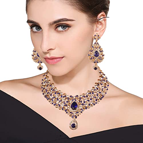 Touchstone Indian Bollywood Traditional Floral Theme White Rhinestone And Blue Faux Sapphire Bridal Designer Jewelry Necklace Set For Women In Antique Gold Tone #TOP1