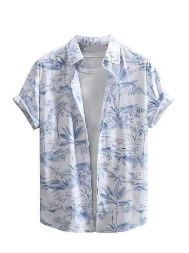 SweatyRocks Men's Tropical Plant Print Hawaiian Shirt Turndown Collar Button Front Summer Casual Short Sleeve Shirt