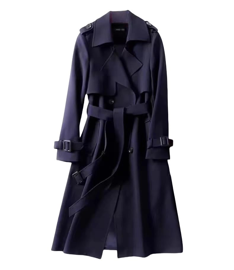 Genérico Gabardinas para Mujer, Abrigo Largo Entallado De Corte A, Azul Marino, Otoño Invierno, Solapa con Muescas, Cruzado, Abrigo con Bolsillos, Chaqueta Larga Ajustada con Cinturón, Talla S