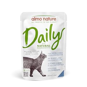 Almo Nature Daily avec Morue et Crevettes. Nourriture Humide pour Chat Adulte. Alimentation complète en sachets fraîcheur – 30 x 70g