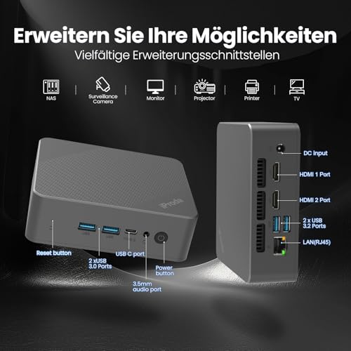 iProda Mini-PC 12. Generation Alder Lake N100 Prozessor (bis zu 3,4 GHz), 8 GB DDR4, Windows 11 Home Mini-Computer mit 256 GB SATA SSD 4K Dual Display Micro-PC WiFi6/Bluetooth 5.0/USB3.2 (Grau)