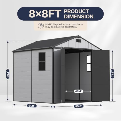 Image of Greesum 8x8FT Resin Shed with Floor, All-Weather Resistance, Light Gray | All-Weather Protection (Rain /Snow /UV) | Sloped Leak-Proof Roof | Heavy-Duty Reinforced Base | Lockable & Well-Ventilated