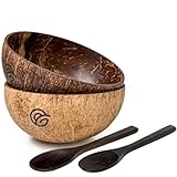 purpleclay Coconut Bowls and Wooden Spoons Set of 2 – Natural, Hand-Crafted, Vegan-Friendly, Salad, Smoothie or Buddha Bowl and Kitchen Utensils (2 Natural Bowls & Spoons)