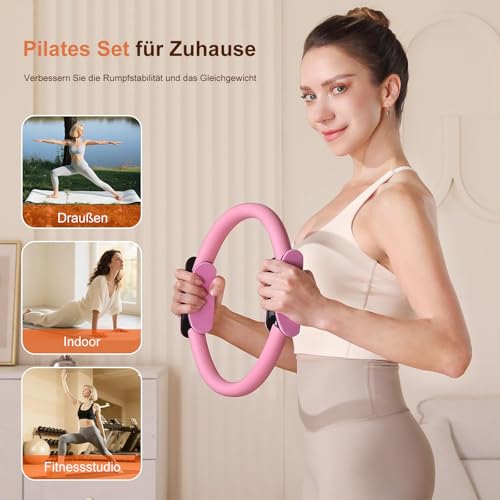 DAILIENFUS Pilates Set Pilates Ring Zubehör Set 13 Teiliges mit Yoga Ball, Yoga Gurt, Fitnessbänder, Pilates Socken, Trainingsposter & Tragbarer Tasche, Home Pilates Essential Kit für Frauen (Rosa)