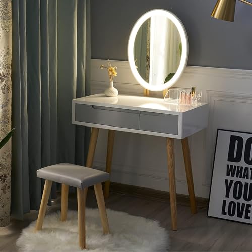 YOURLITE Tocador con Espejo de Luces LED – Juego de Mesa de Maquillaje con Espejo de Brillo Ajustable, Taburete Acolchado y Organizador de Maquillaje Gratis (Blanco+Gris+Espejo Ovalado)