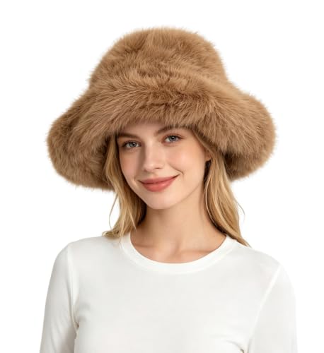 Image of Lina & Lily Oversized Winter Faux Fur Bucket Hat for Women - Long Pile Fur Wide Moldable Brim (Camel)