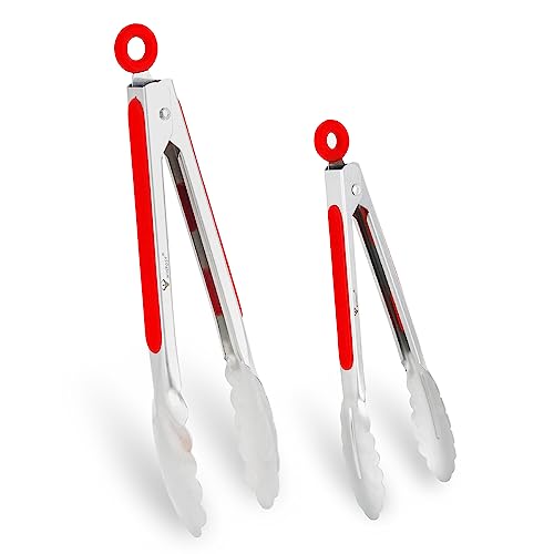 WINPOST Juego de pinzas de cocina de acero inoxidable de 2 a 21 cm y 27 cm, mango antideslizante resistente al calor, ideal para cocinar, ensalada, parrilla y barbacoa (21 cm + 27 cm, rojo)