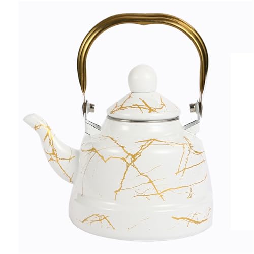 Tetera de esmalte, elegante tetera para estufa, tetera con diseño de mármol para cocina de inducción y gas, suministros universales de cocina.(Blanco,1.1L)