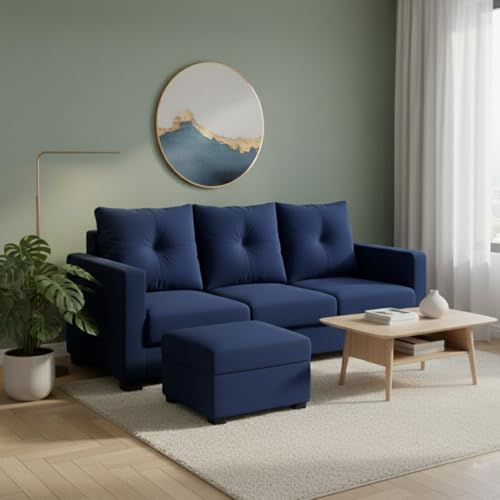 Image of FURNY Amonster 4 Seater L Shape Sofa Set with Movable Ottoman | Flexible Left or Right Layout | Plush Velvet Fabric (Dark Blue) | Perfect for Living Room, Guest Room & Office