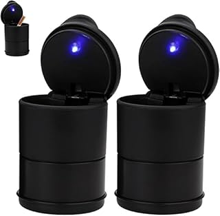 Cup Shape Ashtray for Office Car Portable Cigarette Holder with LED Light and Lid Smell Proof Smokeless Portable Ashtray with Lid - Black