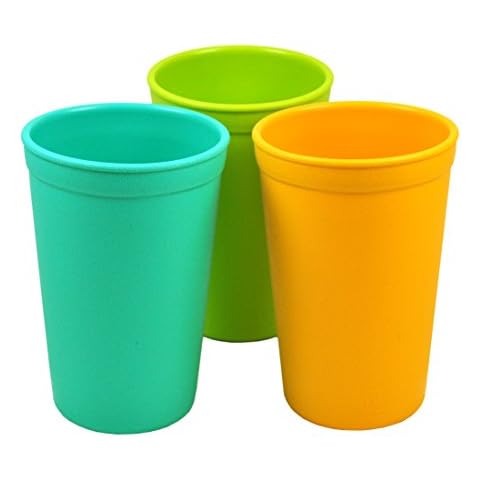 Re-Play Made in USA 10 Oz. Open Cups for Toddlers, Set of 3 - Reusable and Stackable Toddler Cups for Easy Storage - Dishwasher/Microwave Safe Kids Plastic Cups, 4.75" x 3.25", Aqua Asst Cover