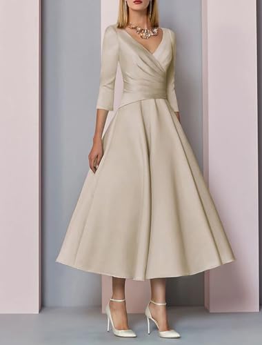 Lyhias A-Line Elegant Mother of The Bride Dress V Neck 3/4 Length Sleeve Tea Length Wedding Guest Dress with Pleats 20242