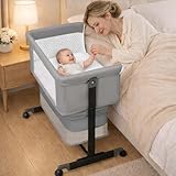 Baby Bassinet Bedside Sleeper - 3 in 1 Adjustable Height Bedside Bassinet with Breathable Mesh, Wheels & Storage Basket and Bag, Portable Folding Baby Cradle for Infants & Newborns, Grey