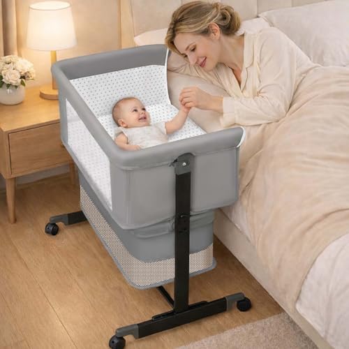 Baby Bassinet Bedside Sleeper - 3 in 1 Adjustable Height Bedside Bassinet with Breathable Mesh, Wheels & Storage Basket and Bag, Portable Folding Baby Cradle for Infants & Newborns, Grey by zebrater - Used condition - CA$115.00
