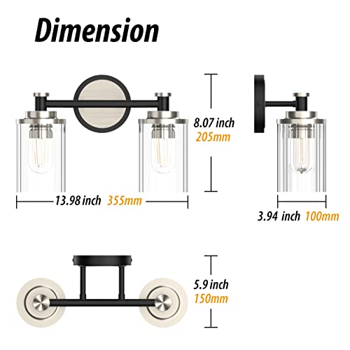 Image of Bathroom Lighting Fixtures Black and Brushed Nickel Bathroom Vanity Light with Cylindrical Clear Stripes Glass Lampshade E26 Socket Base Bathroom Lighting Fixtures Over Mirror (2 Lights)