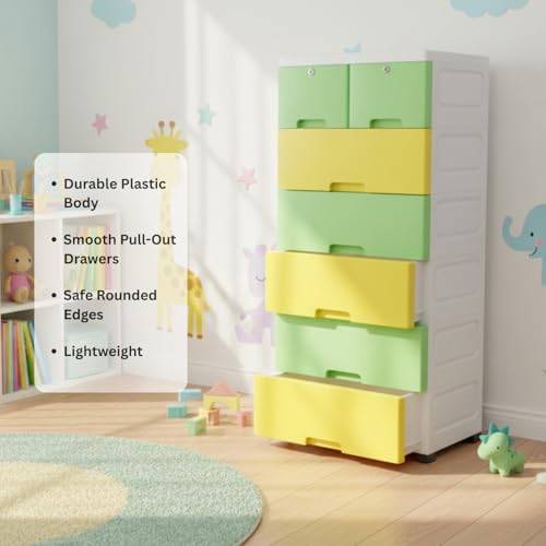 Image of The Tickle Toe 7-Drawer Plastic Chest for Kids | Child-Safe Storage Cabinet with Locks | Organizer for Clothes & Toys | 51L x 33W x 121H cm (Yellow Green)