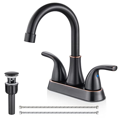 Cinwiny Oil Rubbed Bronze Centerset 4 Inch Bathroom Sink Faucet Two Handle Vanity Bathroom Faucet With Swivel Spout Deck Mount Mixer Tap With Pop Up Drain Water Supply Lines #TOP10