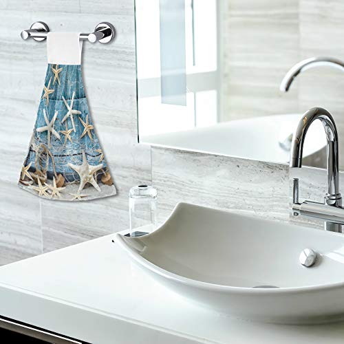 Ourvii Beach Seashell Starfish Hand Tower 2 Pcs Home Decorative Dish Towel Summer Rustic Blue Wood Hanging Tie Towels For Bathroom Fingertips Towels Kitchen Super Absorbent Washcloth #TOP5