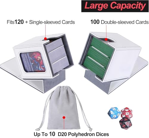 Image of AFIING MTG Deck Box for Commander Display,Card Deck Box Fits 100 Double Sleeved Cards, Magic Commander TCG Card Storage Box with 2 Dividers,Drawstring Bag and 1 Toploader(White /Grey)