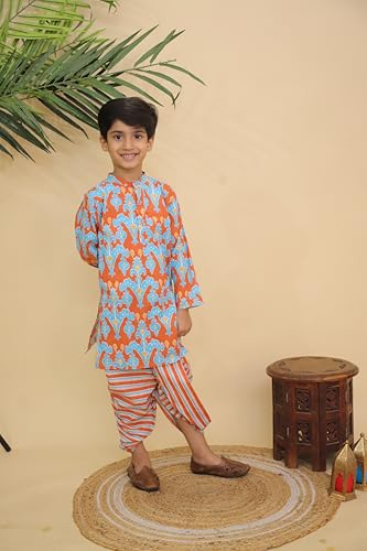 Image of The Mom Store Baby /Kids Boys Dhoti Kurta Set | Dhoti and Kurta | 100% Cotton | Comfortable | Ethnic | Festive Look | Block Prints | Colored Dhoti | Blue
