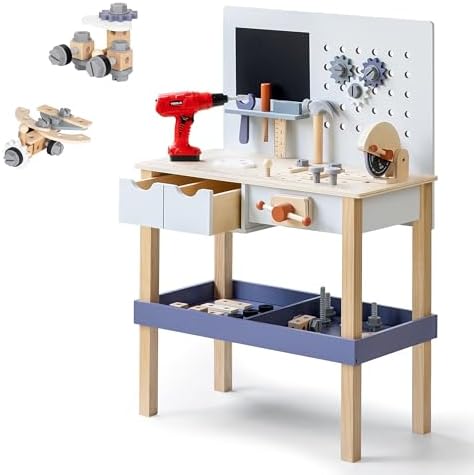 Wooden Tool Bench for Kids with Electric Drill, Drawers & Lower Shelf