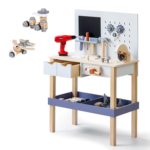 Wooden Kids Tool Bench with Electric Drill, Toddler Tool Bench with Storage Drawers and Platform, Toy Workbench Workshop with Play Tools Set for Boys and Girls, Perfect for Ages 3+