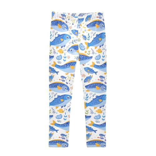 Cartoon Fish Boy Blue Kids Girl's Leggings Soft High Waisted Workout Pants Running