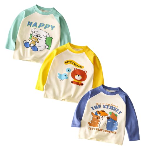 DUDUFUN 3er-Set Langarmshirts Jungen Baumwolle Bequeme Kinderbekleidung,Etiketten:90Alter:12-18 Monate