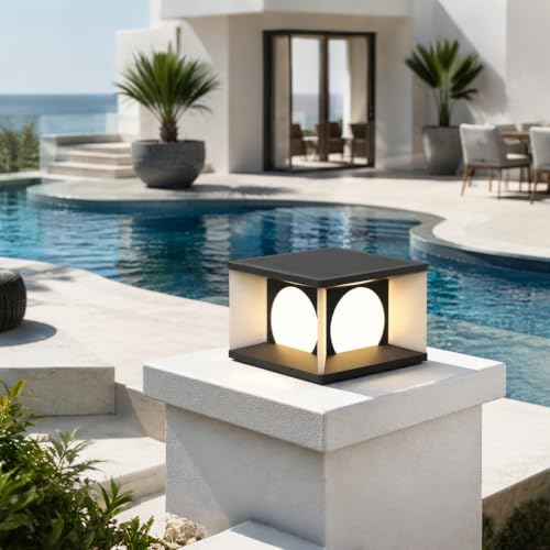 PTOUG Outdoor Post Cap Lights, IP65 Waterproof Stainless Steel External Column Light, 9.8" × 7.9" Modern Luxury Pillar Lights Matte Black Post Lantern for Gardens,Yards,Balconies,Passages or Entrances by PTOUG - Used condition - Image 2