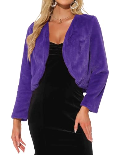 Allegra K Cropped Jacket for Women's Faux Fur with Pockets Long Sleeve Open Front Wedding Bolero Gowns Coat