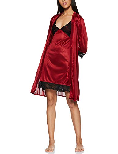 Clovia Women's 2 Pcs Satin Nightwear Set in Maroon & Black - Short Robe & Nightie - Image 7